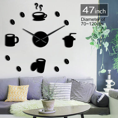 Coffee Time Decorative 3D Wall Clock Kitchen Decor Cafe Hot Beverage Shop Coffee Beans Wall Art Decor DIY Super Big Wall Clock