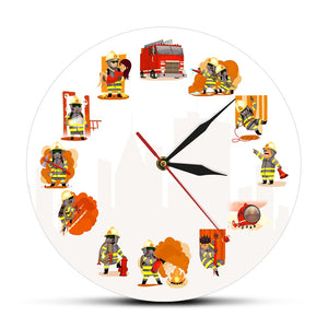 Fireman At Work Fire & Rescue Wall Art Fire Department Decor Wall Clock Comic Style Firefighter Team Printed Modern Wall Clock